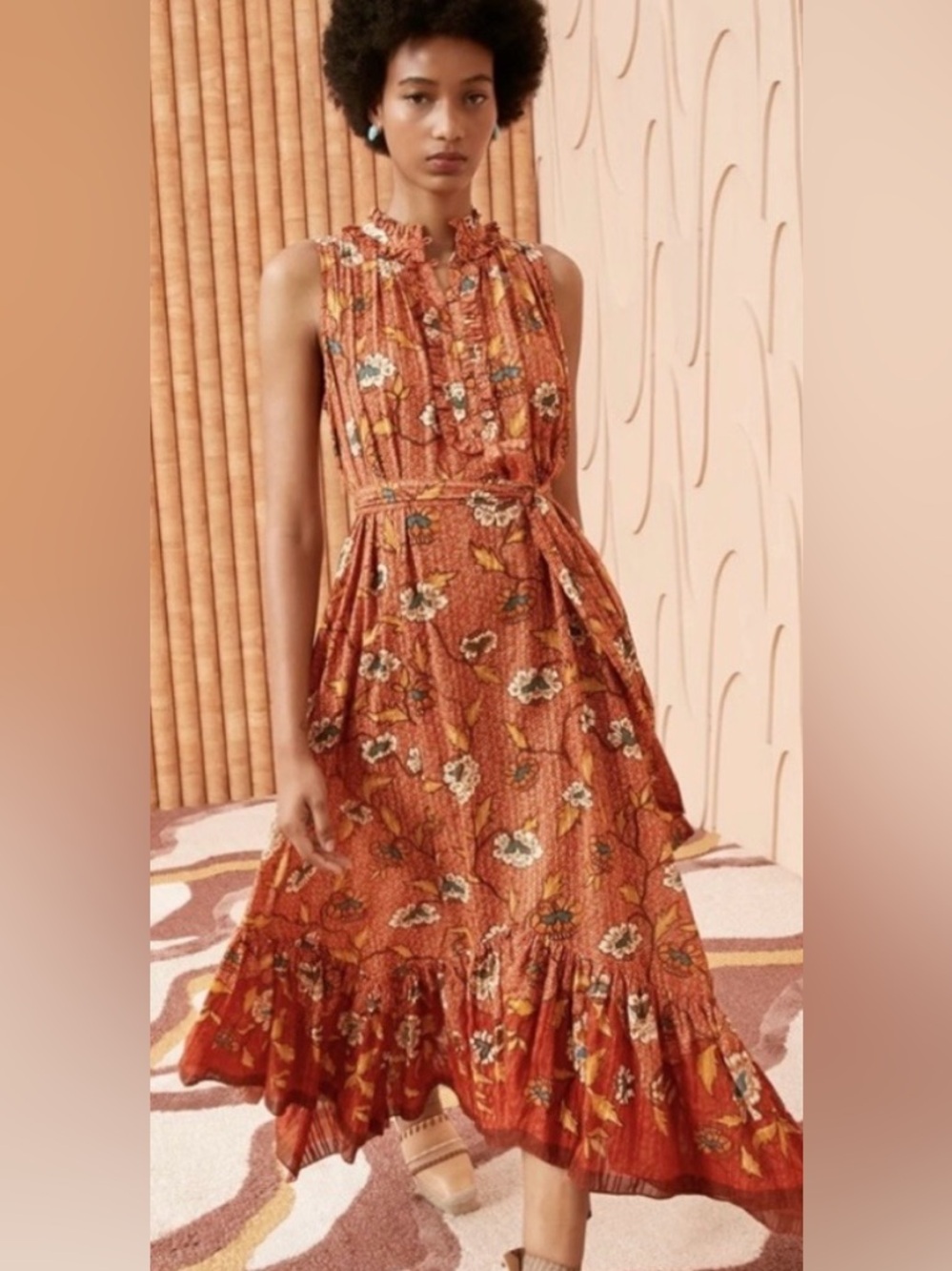 Ulla Johnson Rust Floral Ruffled Midi Dress; Beverly Dress.